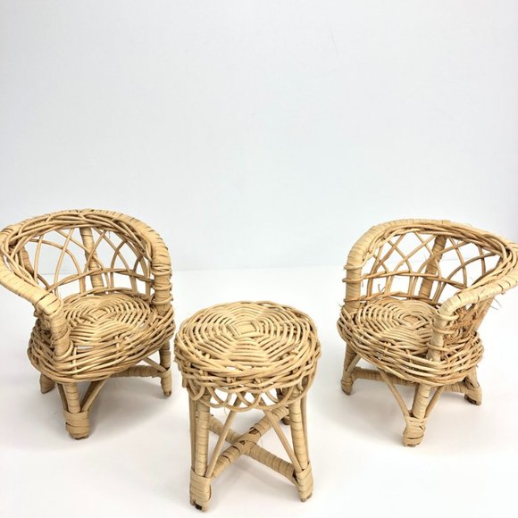 Vintage Rattan Wicker Miniature Doll Chair Set